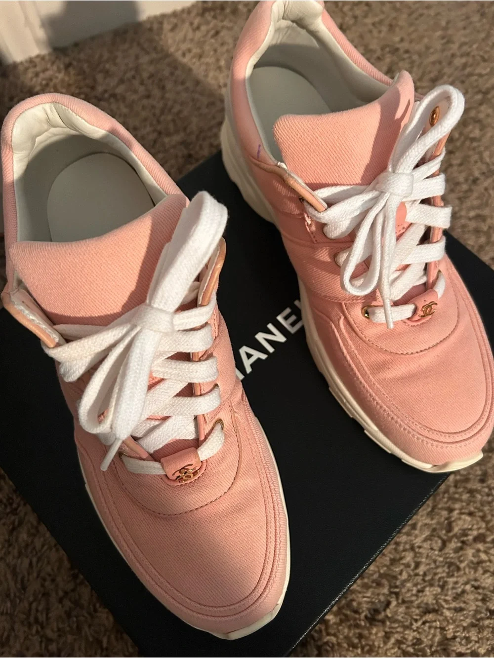 Authentic CHANEL Pink Canvas Low-Top Sneakers with White Laces